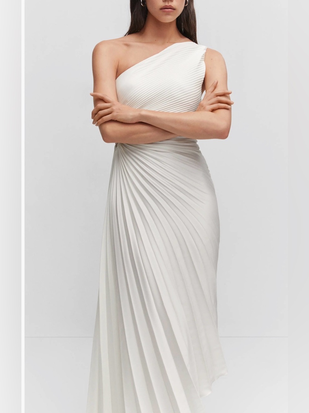 Mango Claudi Pleated One-Shoulder Cutout Midi Dress NWT XS Ivory